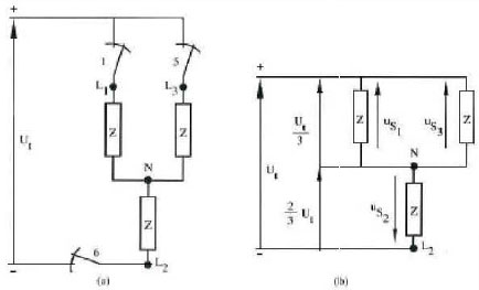 different potentials in inverter when thyristors 1,3 are closed